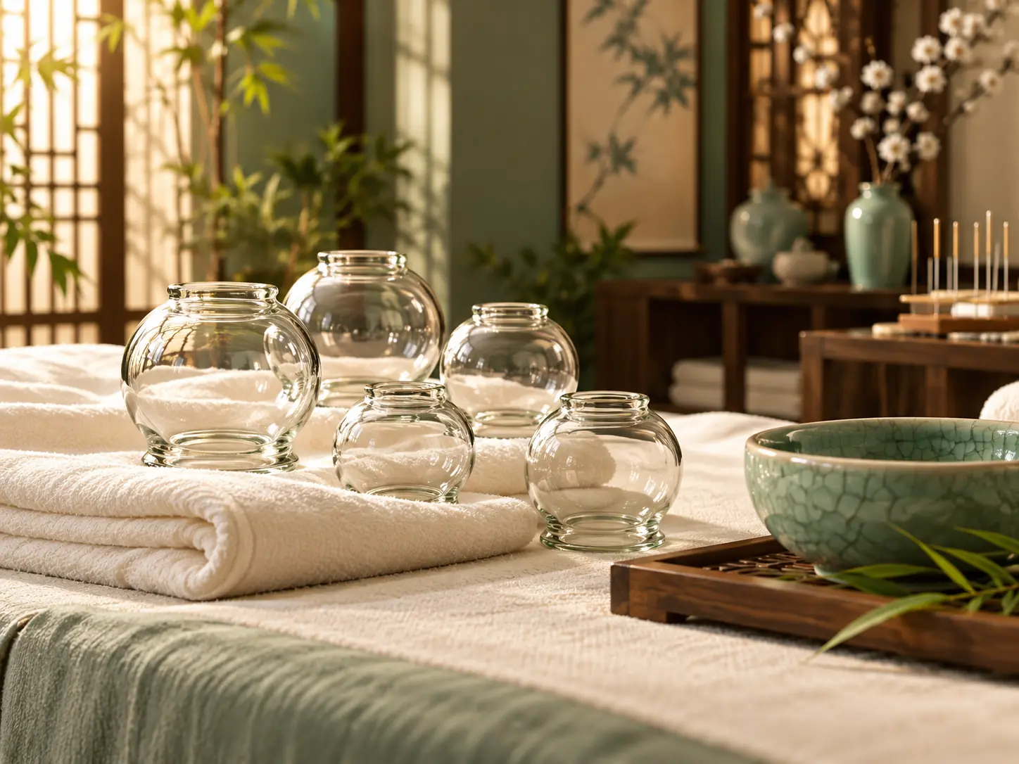 Glass cups prepared for traditional cupping therapy