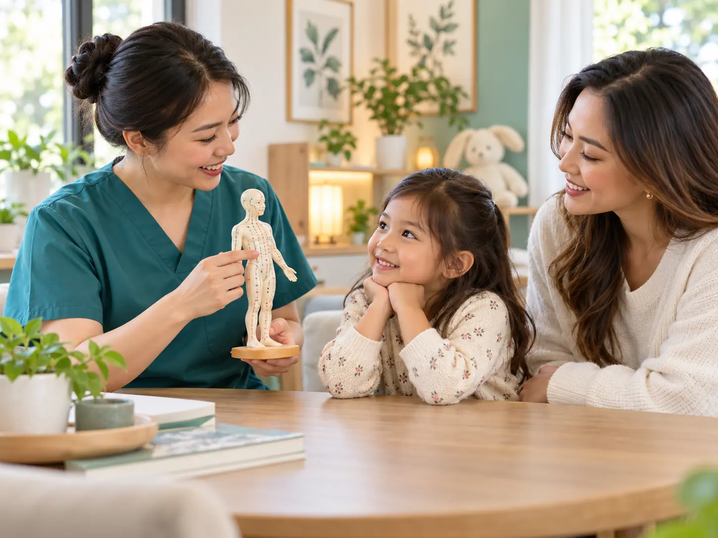 Child and parent learning about pediatric acupuncture