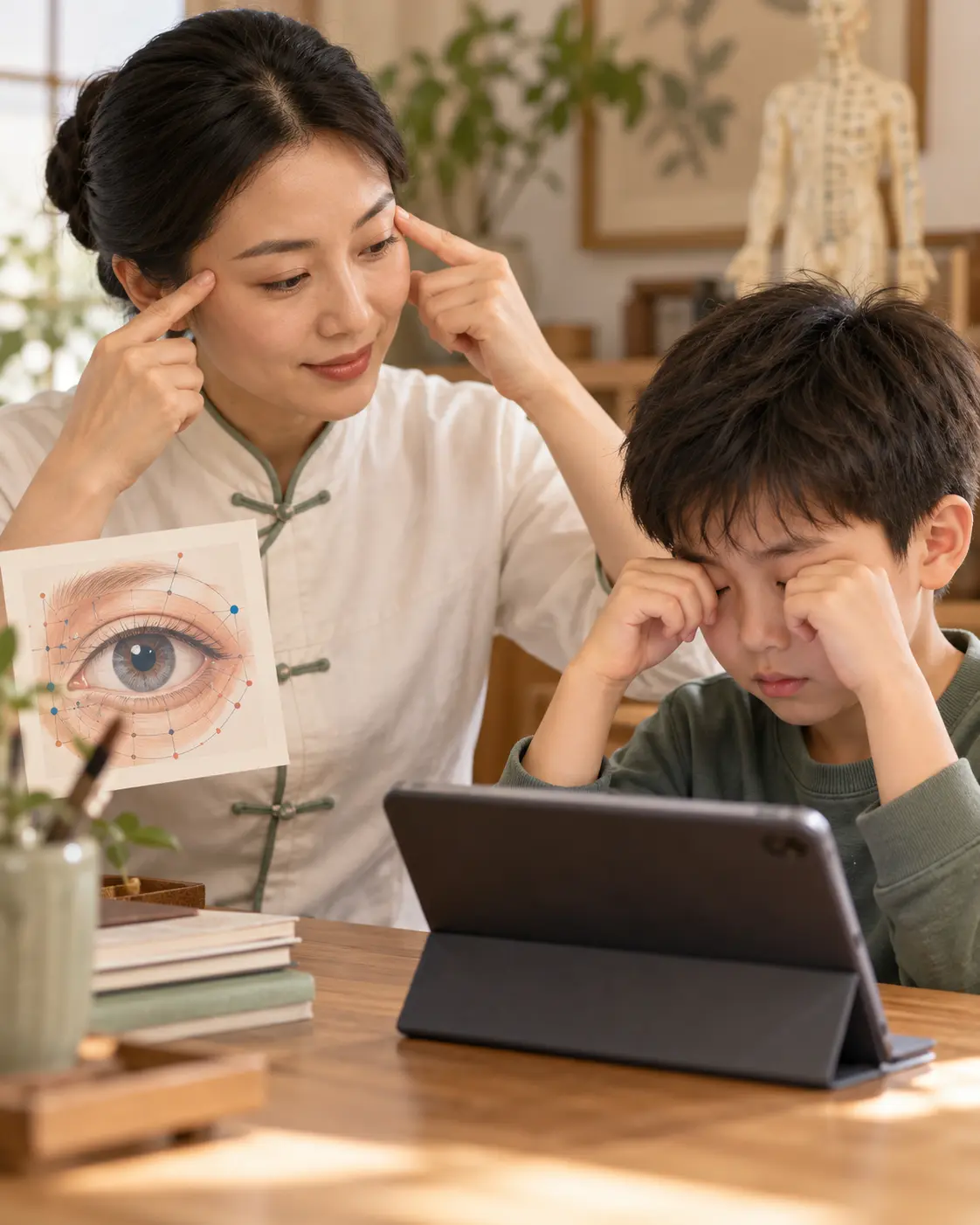 Child receiving gentle support for functional eye strain